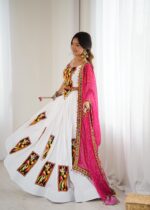 White Color Heavy Rayon Fabric Gamthi Thread Work Navratri Lehenga