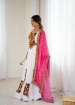White Color Heavy Rayon Fabric Gamthi Thread Work Navratri Lehenga