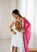 White Color Heavy Rayon Fabric Gamthi Thread Work Navratri Lehenga
