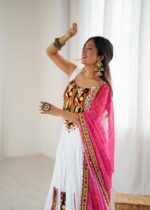 White Color Heavy Rayon Fabric Gamthi Thread Work Navratri Lehenga