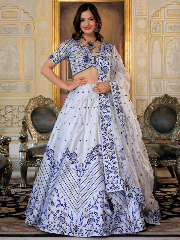 White Color Satin Fabric Sequence Embroidery Work Lehenga