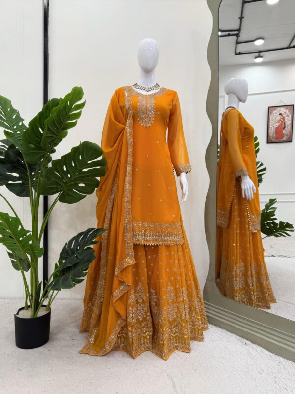 Yellow Color Faux Georgette Fabric Thread With Sequence Work Sharara Set