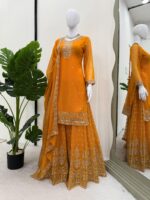Yellow Color Faux Georgette Fabric Thread With Sequence Work Sharara Set