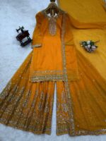 Yellow Color Faux Georgette Fabric Thread With Sequence Work Sharara Set