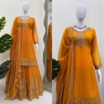 Yellow Color Faux Georgette Fabric Thread With Sequence Work Sharara Set
