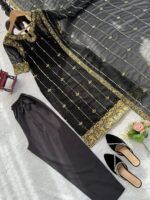 Black Color Faux Georgette Fabric Sequence Work Suit