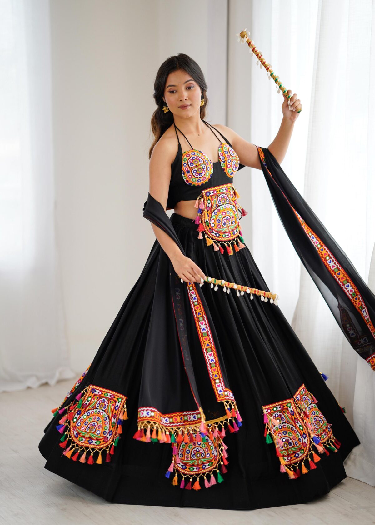 Black Color Heavy Rayon Fabric Gamthi Thread With Mirror Work Navratri Lehenga-FDVKDSP51BLACK (1) Black Color Heavy Rayon Fabric Gamthi Thread With Mirror Work Navratri Lehenga