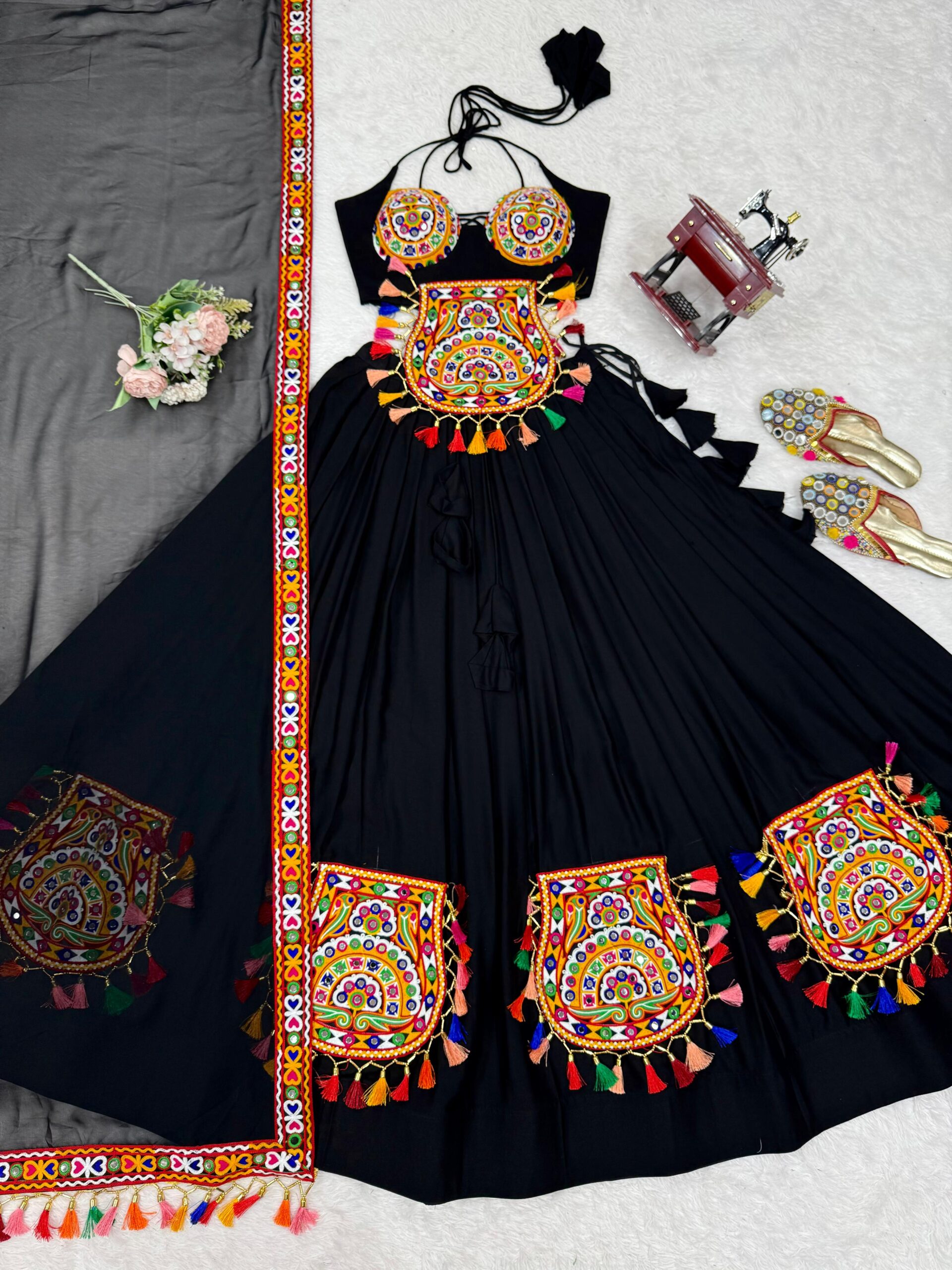 Black Color Heavy Rayon Fabric Gamthi Thread With Mirror Work Navratri Lehenga