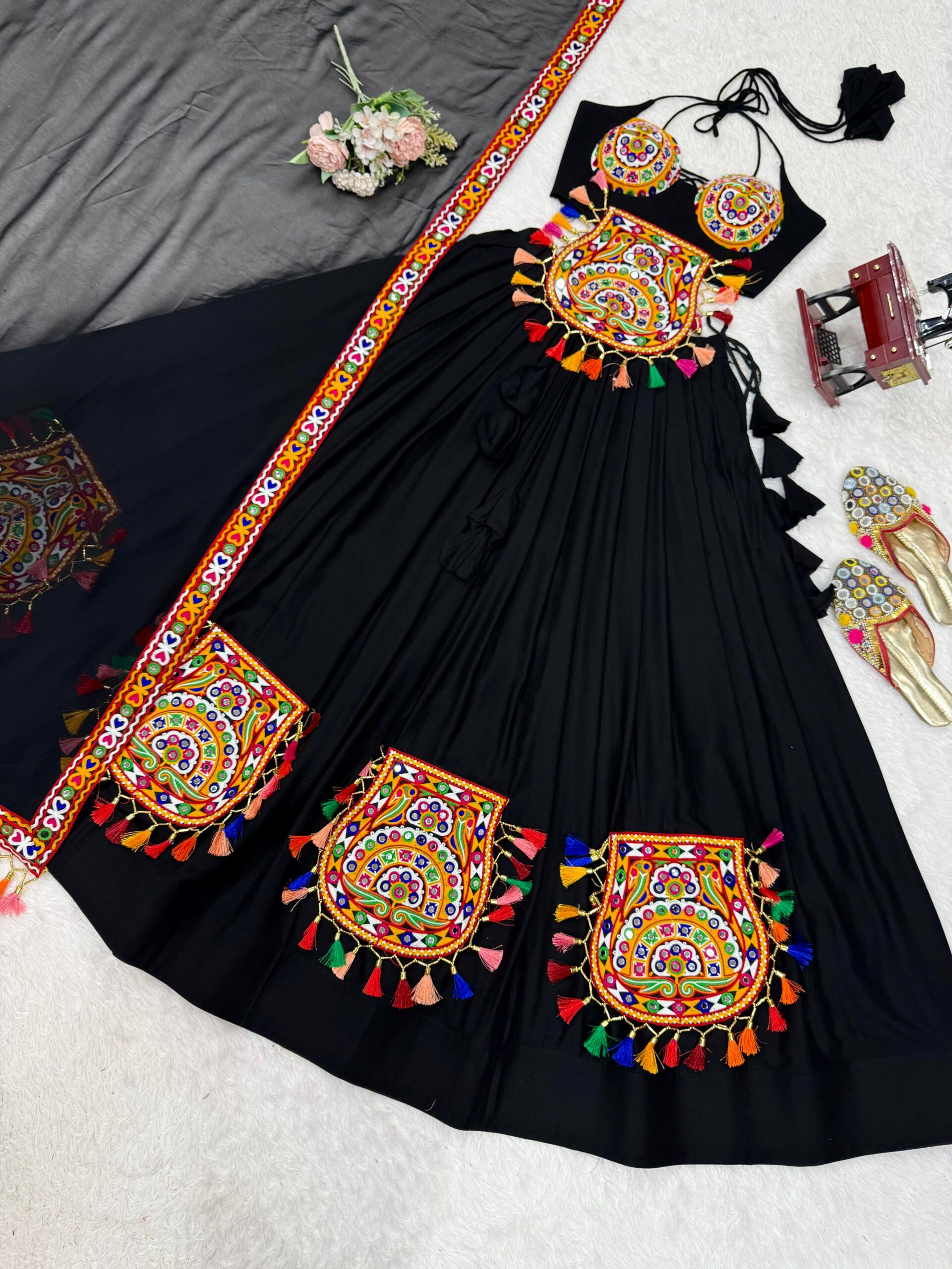 Black Color Heavy Rayon Fabric Gamthi Thread With Mirror Work Navratri Lehenga