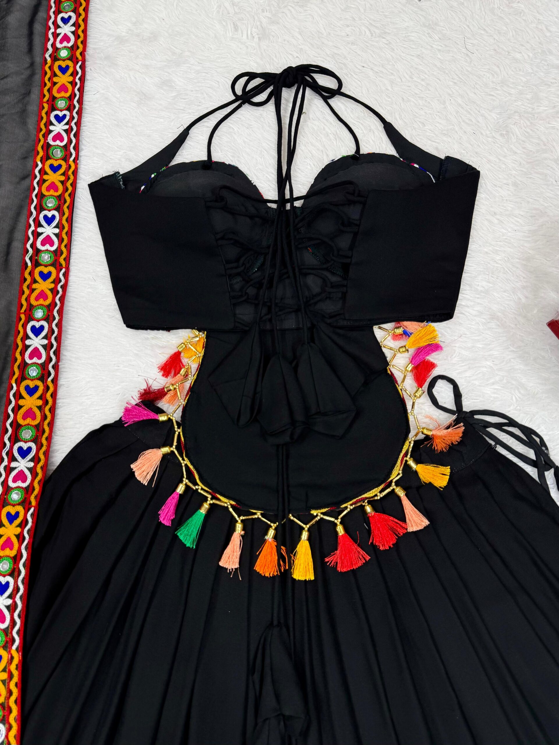 Black Color Heavy Rayon Fabric Gamthi Thread With Mirror Work Navratri Lehenga