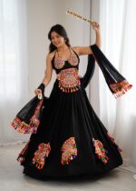 Black Color Heavy Rayon Fabric Gamthi Thread With Mirror Work Navratri Lehenga-FDVKDSP51BLACK (5) Black Color Heavy Rayon Fabric Gamthi Thread With Mirror Work Navratri Lehenga