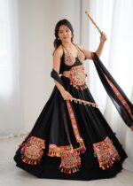Black Color Heavy Rayon Fabric Gamthi Thread With Mirror Work Navratri Lehenga-FDVKDSP51BLACK (6) Black Color Heavy Rayon Fabric Gamthi Thread With Mirror Work Navratri Lehenga