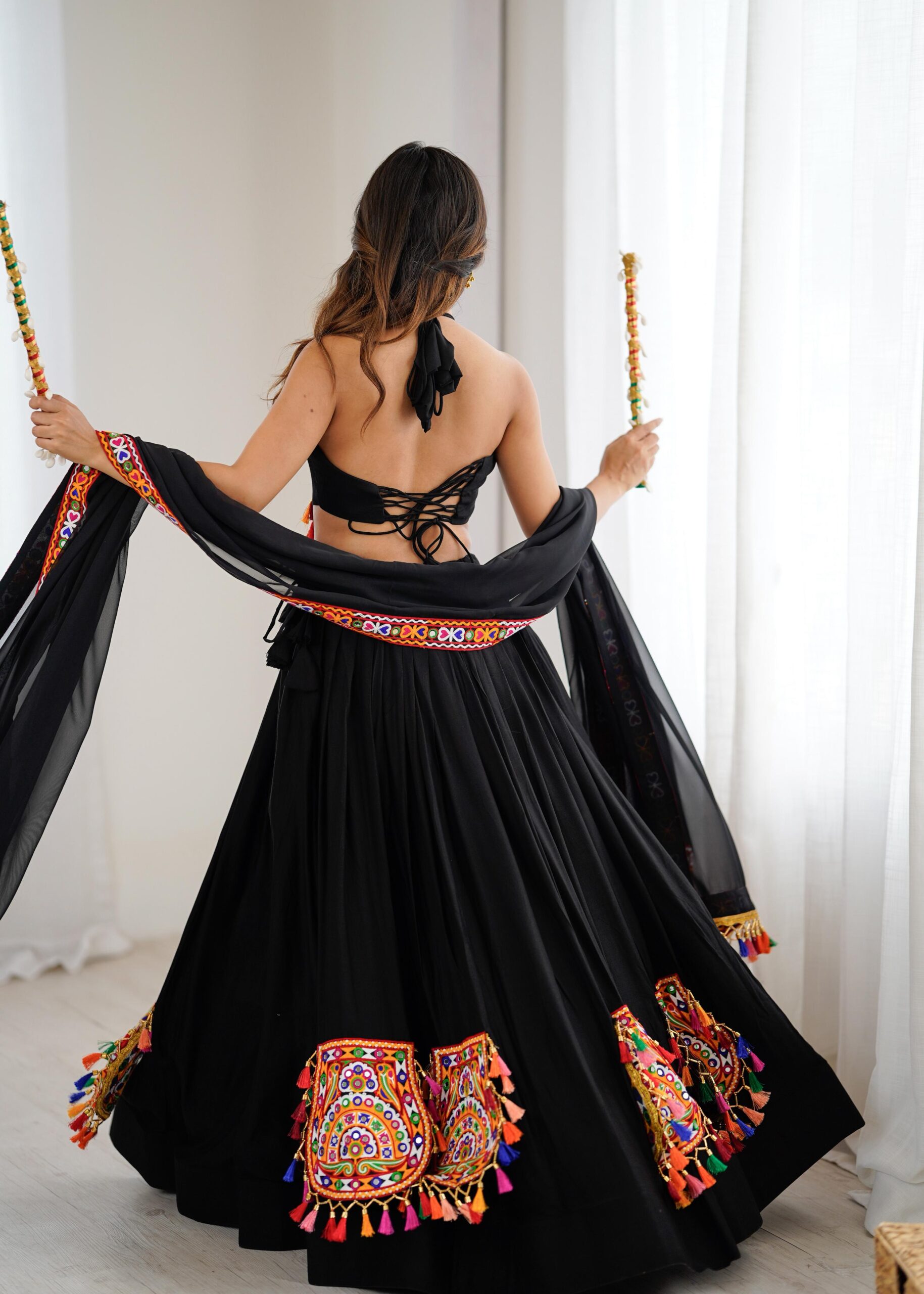 Black Color Heavy Rayon Fabric Gamthi Thread With Mirror Work Navratri Lehenga