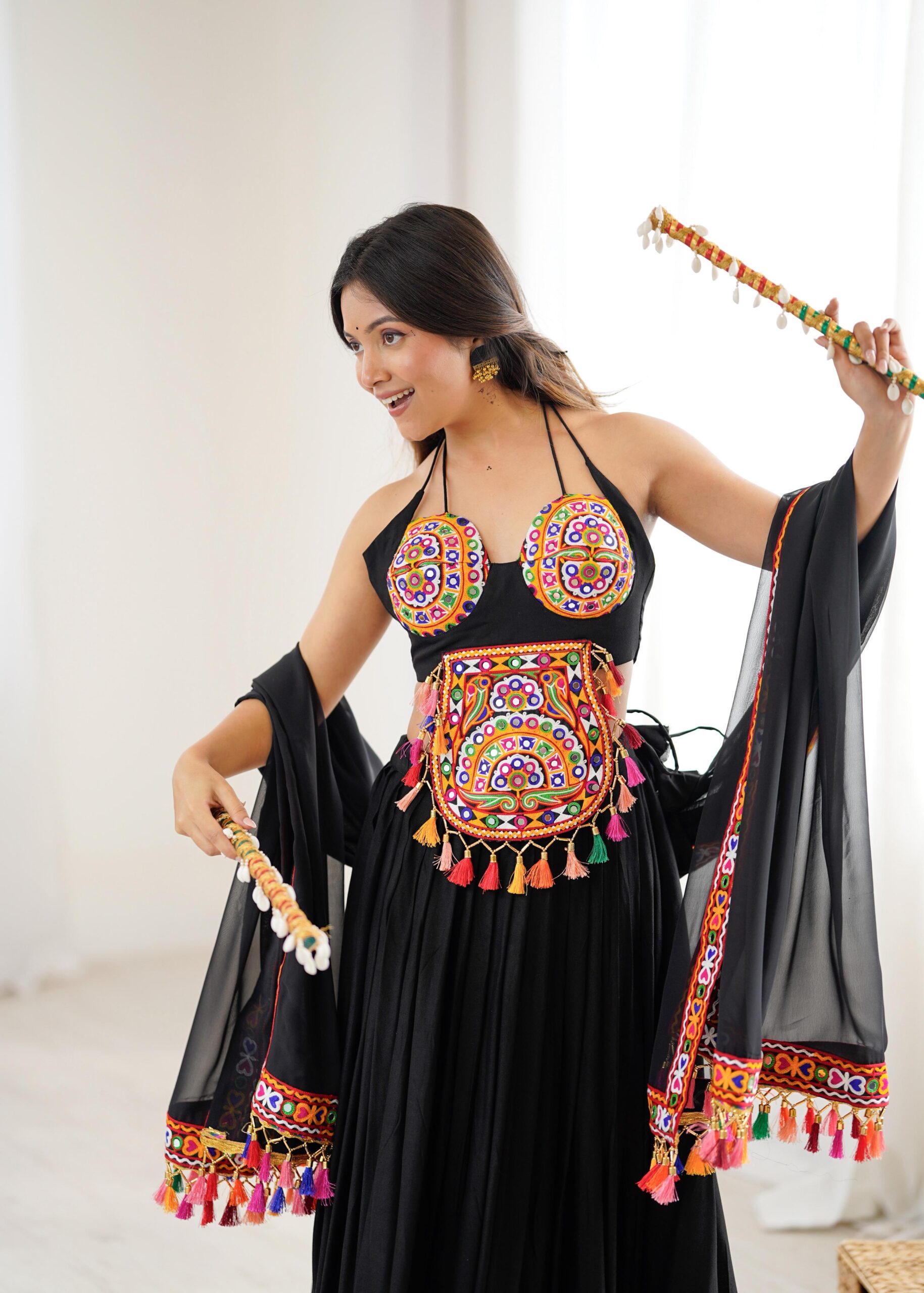Black Color Heavy Rayon Fabric Gamthi Thread With Mirror Work Navratri Lehenga