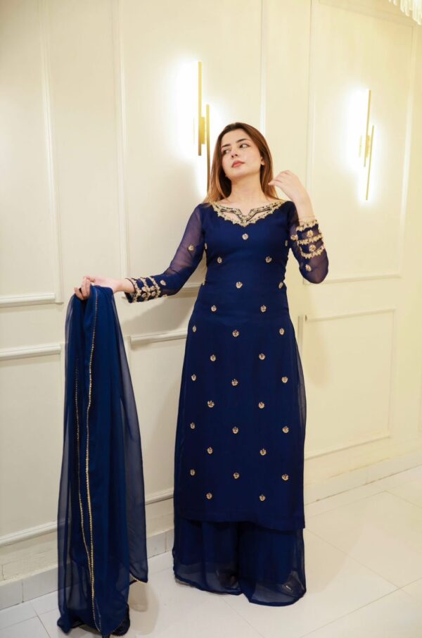 Blue Color Faux Georgette Fabric Thread Work Palazzo Suit