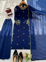 Blue Color Faux Georgette Fabric Thread Work Palazzo Suit