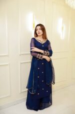 Blue Color Faux Georgette Fabric Thread Work Palazzo Suit