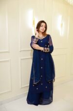 Blue Color Faux Georgette Fabric Thread Work Palazzo Suit
