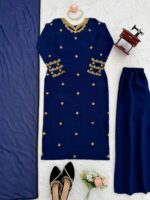Blue Color Faux Georgette Fabric Thread Work Palazzo Suit