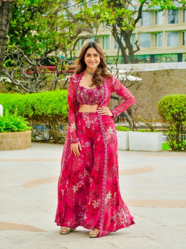 Bollywood Actress Mrunal Thakur Designer Pink Tabby Silk Fabric Digital Print Sharara Set