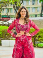 Bollywood Actress Mrunal Thakur Designer Pink Tabby Silk Fabric Digital Print Sharara Set