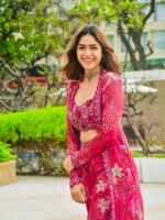 Bollywood Actress Mrunal Thakur Designer Pink Tabby Silk Fabric Digital Print Sharara Set