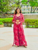 Bollywood Actress Mrunal Thakur Designer Pink Tabby Silk Fabric Digital Print Sharara Set