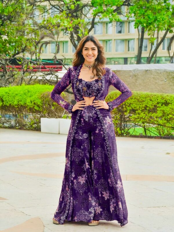 Bollywood Actress Mrunal Thakur Designer Purple Tabby Silk Fabric Digital Print Sharara Set