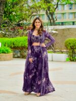 Bollywood Actress Mrunal Thakur Designer Purple Tabby Silk Fabric Digital Print Sharara Set