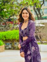 Bollywood Actress Mrunal Thakur Designer Purple Tabby Silk Fabric Digital Print Sharara Set