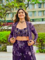 Bollywood Actress Mrunal Thakur Designer Purple Tabby Silk Fabric Digital Print Sharara Set