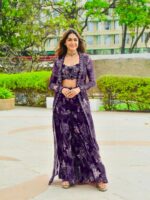 Bollywood Actress Mrunal Thakur Designer Purple Tabby Silk Fabric Digital Print Sharara Set