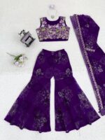 Bollywood Actress Mrunal Thakur Designer Purple Tabby Silk Fabric Digital Print Sharara Set