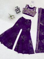 Bollywood Actress Mrunal Thakur Designer Purple Tabby Silk Fabric Digital Print Sharara Set