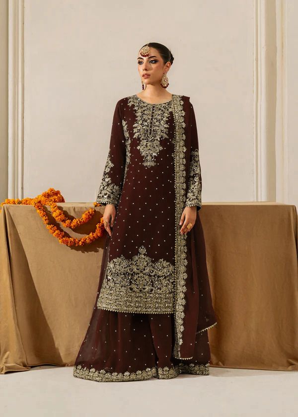 Dark Brown Faux Georgette Fabric Palazzo Set With Pearl Work