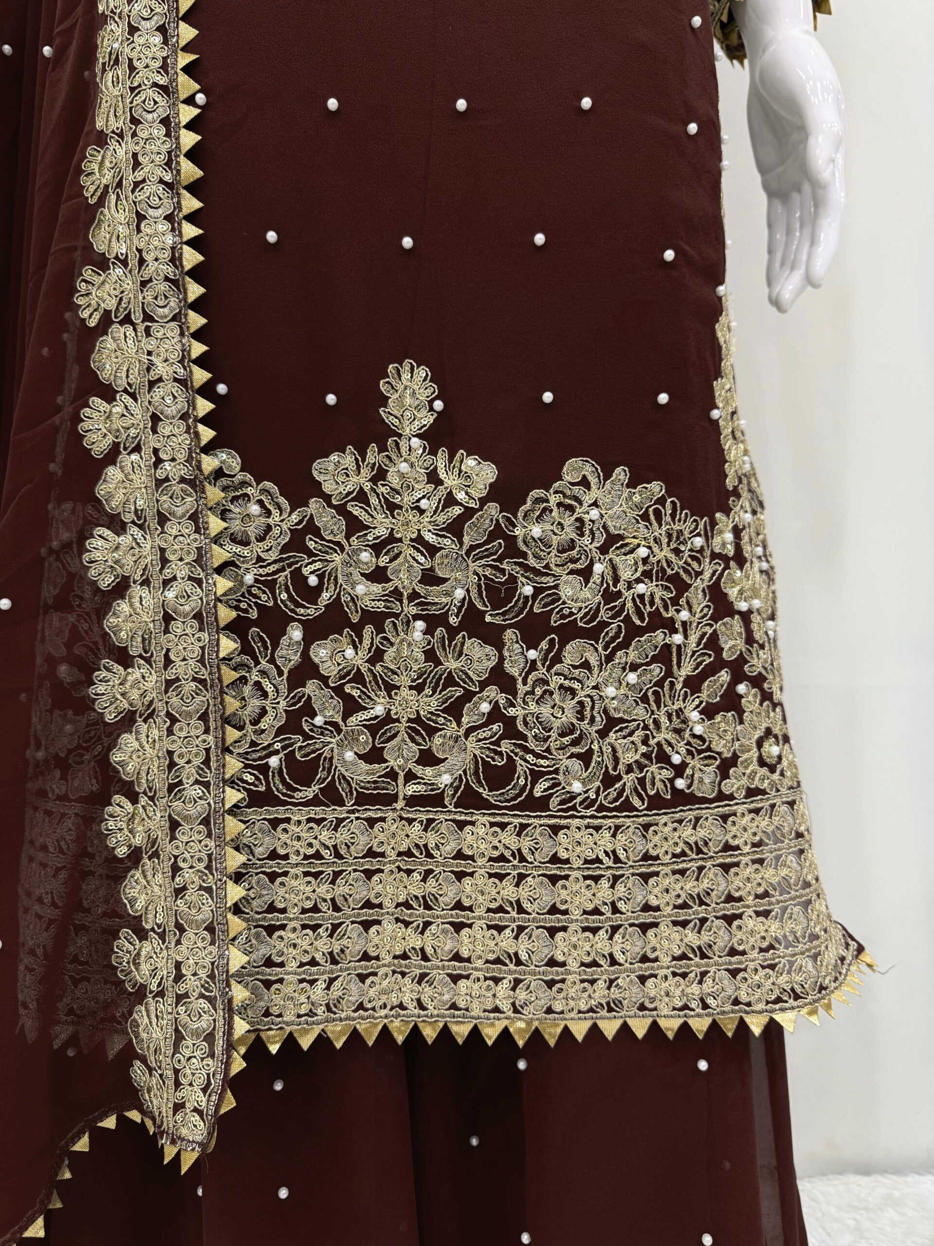 Dark Brown Faux Georgette Fabric Palazzo Set With Pearl Work