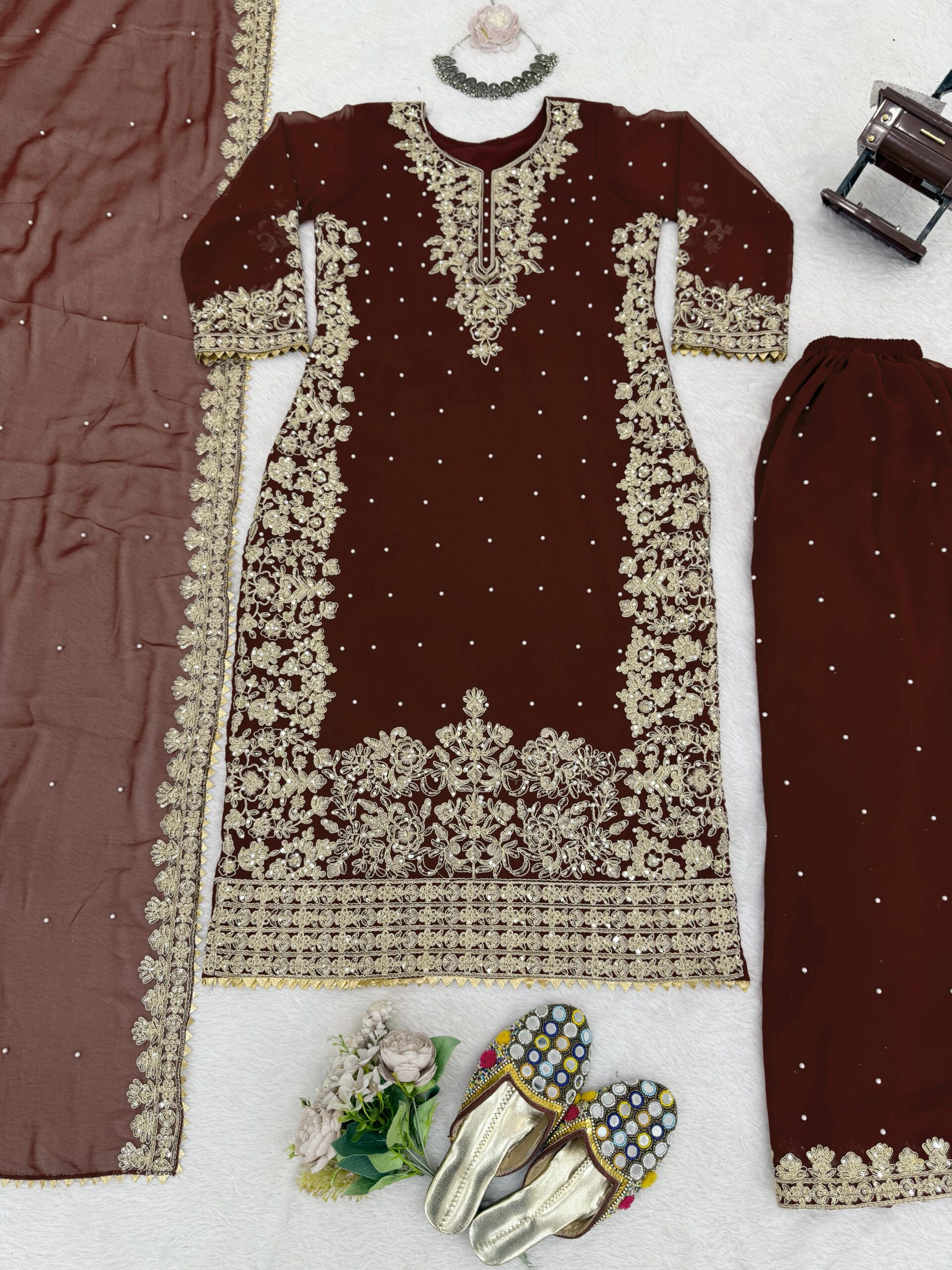 Dark Brown Faux Georgette Fabric Palazzo Set With Pearl Work