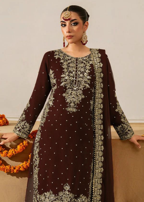 Dark Brown Faux Georgette Fabric Palazzo Set With Pearl Work