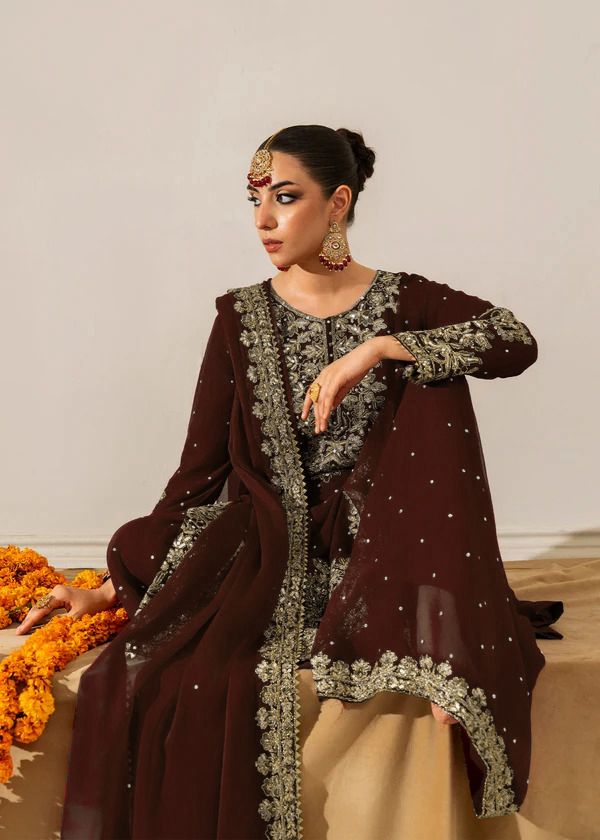Dark Brown Faux Georgette Fabric Palazzo Set With Pearl Work