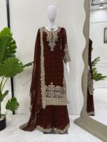 Dark Brown Faux Georgette Fabric Palazzo Set With Pearl Work-FDVKD5901DARKBROWN (6) Dark Brown Faux Georgette Fabric Palazzo Set With Pearl Work