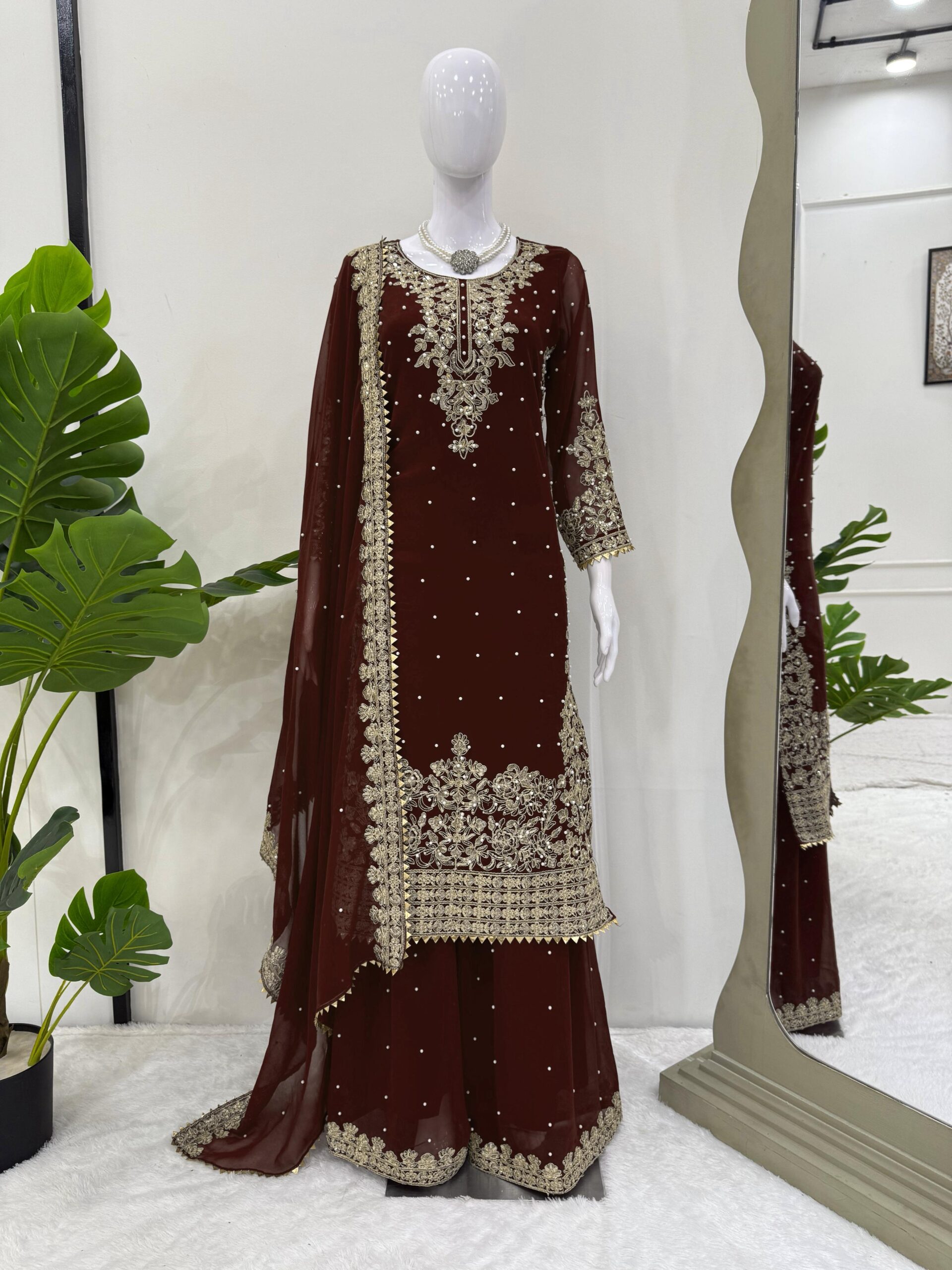 Dark Brown Faux Georgette Fabric Palazzo Set With Pearl Work