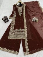 Dark Brown Faux Georgette Fabric Palazzo Set With Pearl Work-FDVKD5901DARKBROWN (8) Dark Brown Faux Georgette Fabric Palazzo Set With Pearl Work