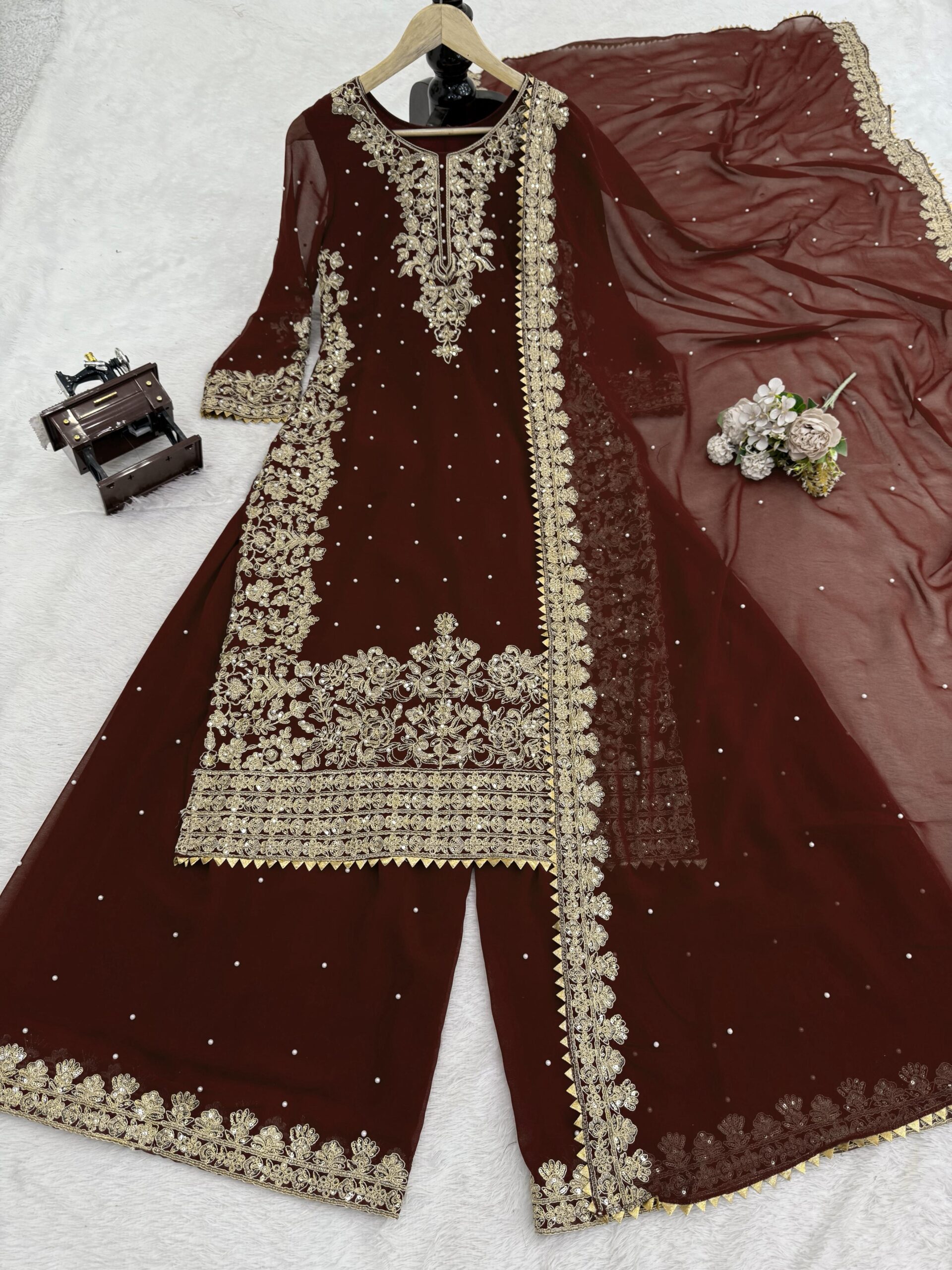 Dark Brown Faux Georgette Fabric Palazzo Set With Pearl Work