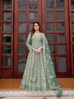 Green Color Pure Butterfly Net Fabric Embroidery With Mirror Work Suit
