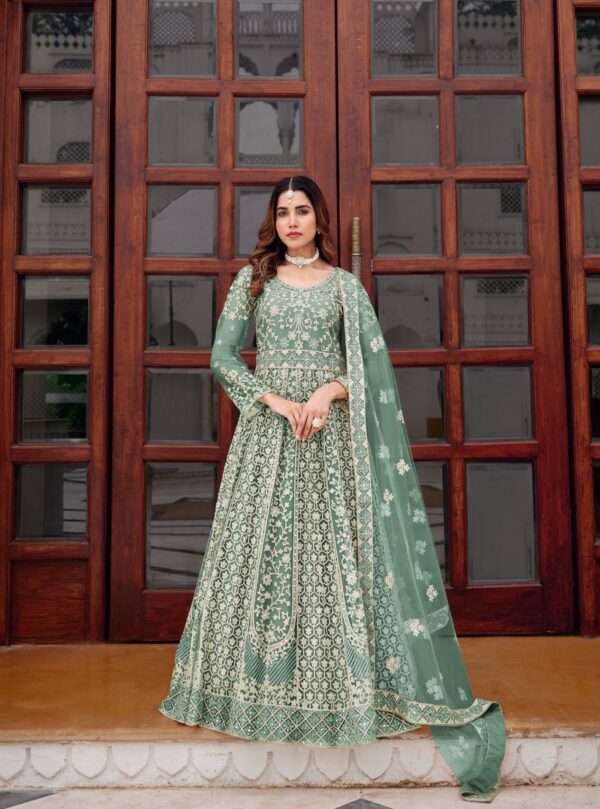 Green Color Pure Butterfly Net Fabric Embroidery With Mirror Work Suit