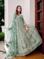 Green Color Pure Butterfly Net Fabric Embroidery With Mirror Work Suit