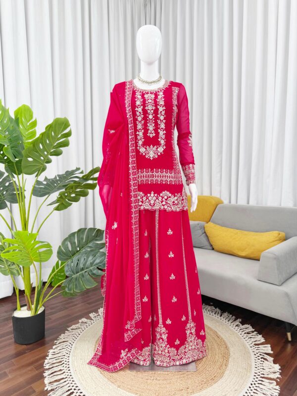 Karva Chauth Special Pink Faux Georgette Fabric Sequence Work Palazzo Suit