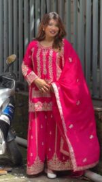 Karva Chauth Special Pink Faux Georgette Fabric Sequence Work Palazzo Suit
