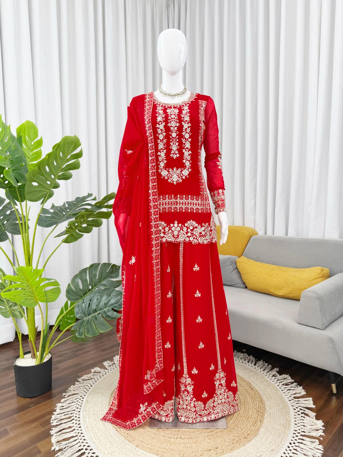 Karva Chauth Special Red Faux Georgette Fabric Sequence Work Palazzo Suit