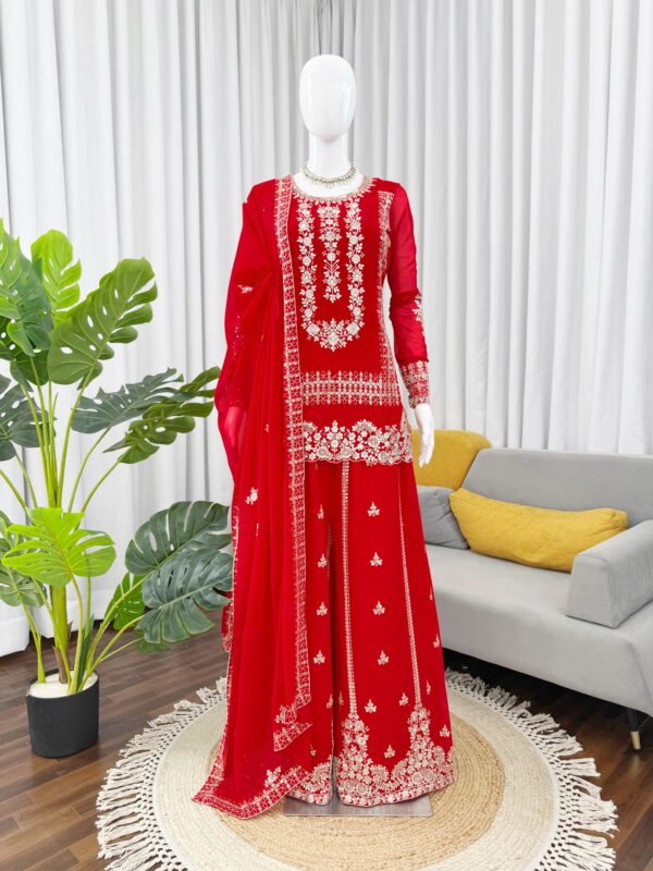 Karva Chauth Special Red Faux Georgette Fabric Sequence Work Palazzo Suit
